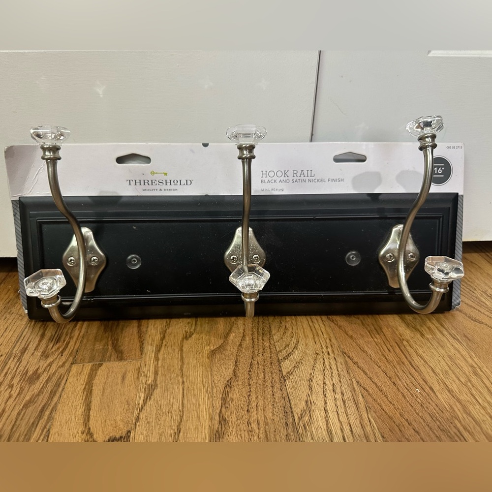 Hook rail for back of door - black with nickel and diamond accent knobs - new